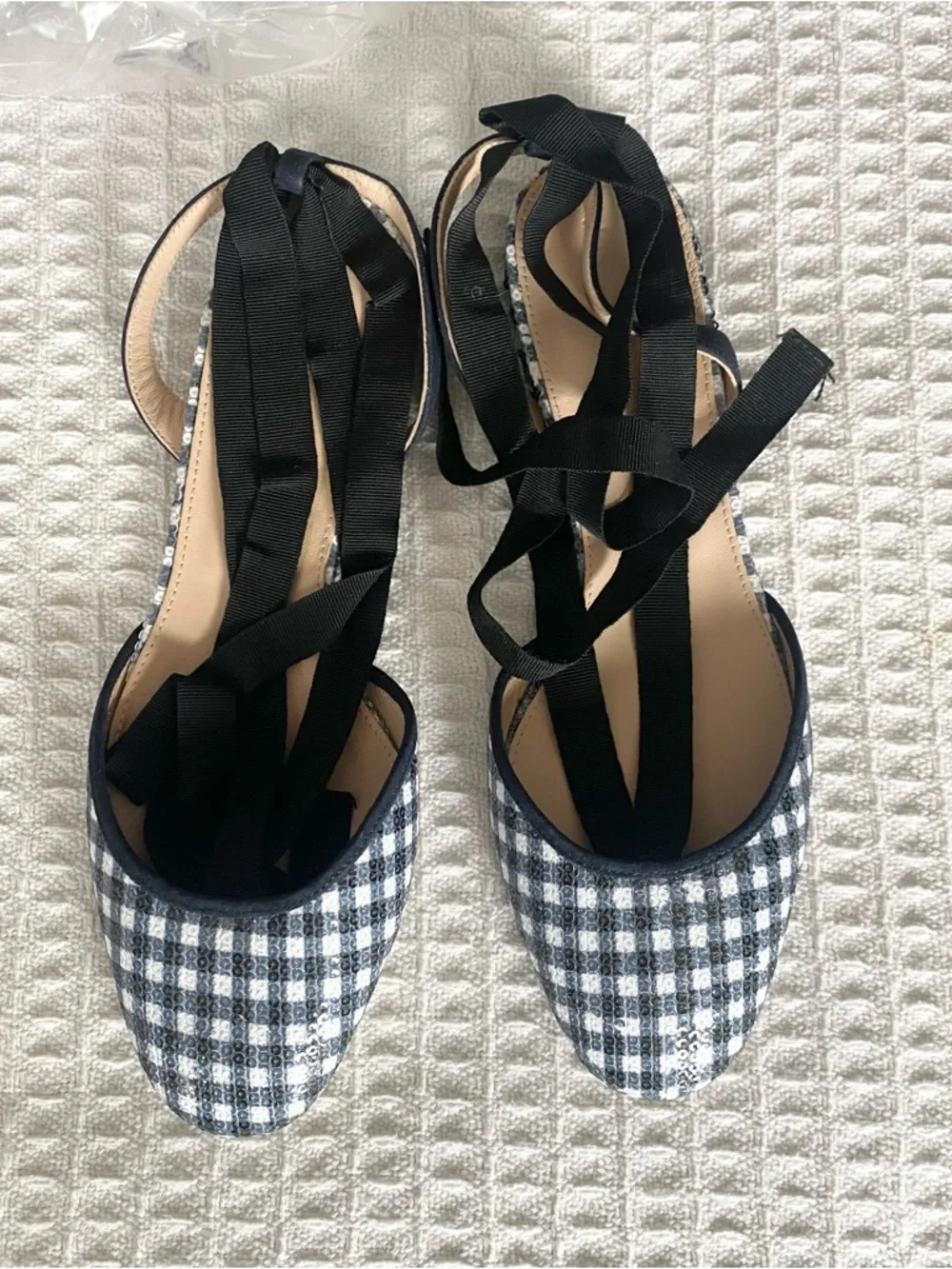 J. Crew gingham ankle wrap flats navy size 10 NIB